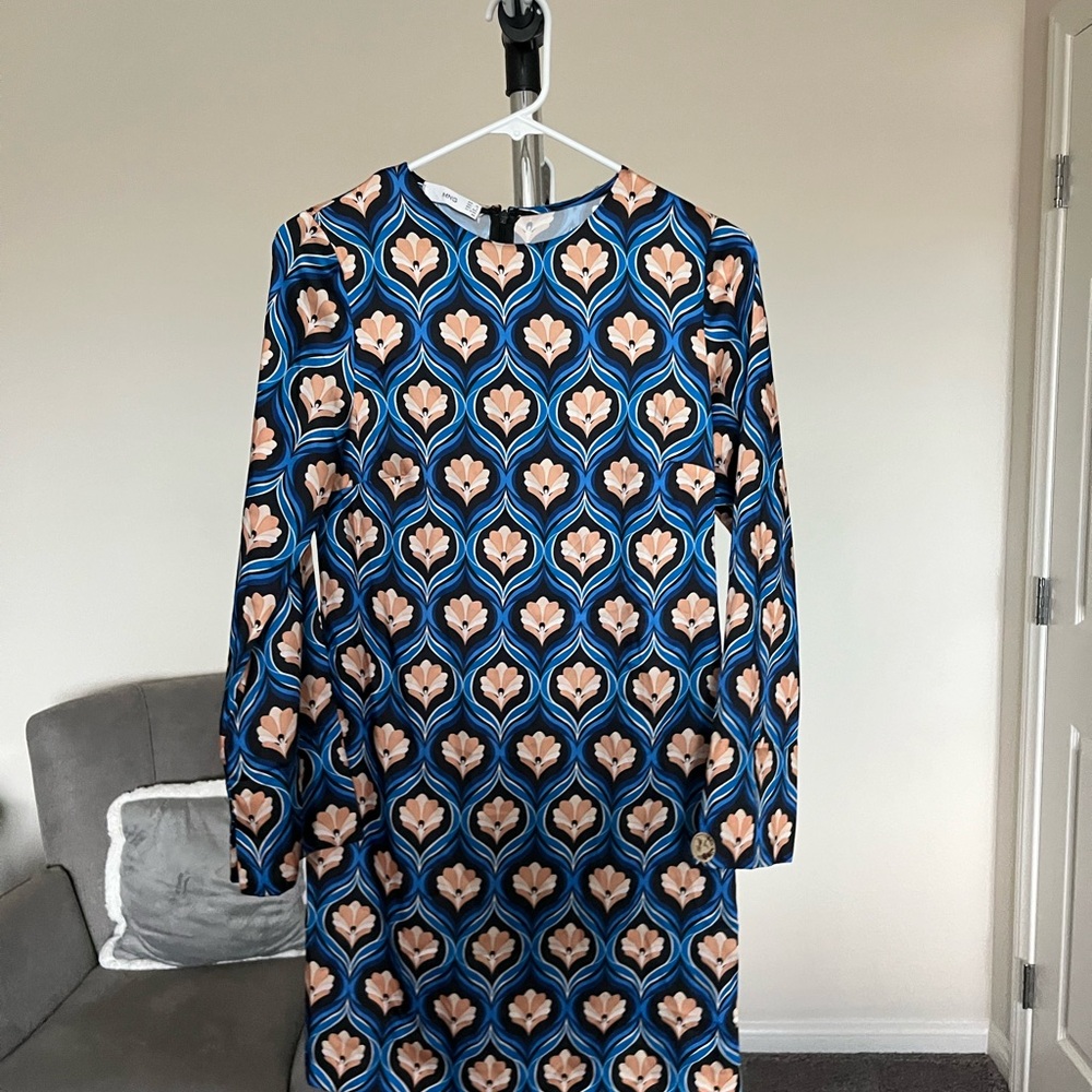 Mango Floral Long Sleeve Dress in Blue and Cream